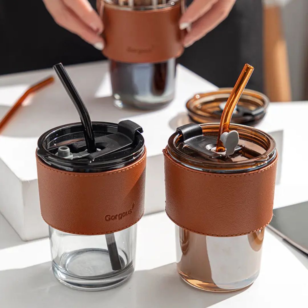 Premium Glass Coffee Mug with Straw & Leather Grip